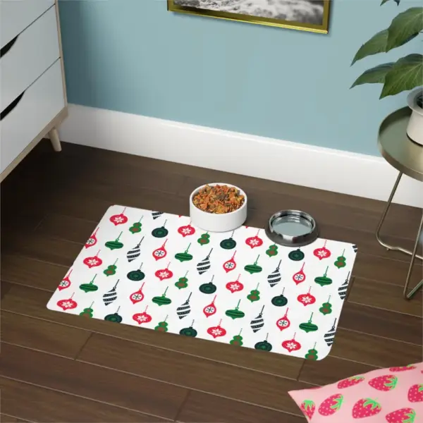 Festive Bauble Pet Food Mat | 12x18" | Pet Accessories | Dog & Cat Mat | Holiday Pet Decor | Gift for Pet Lovers | Easy to Clean | Polyester